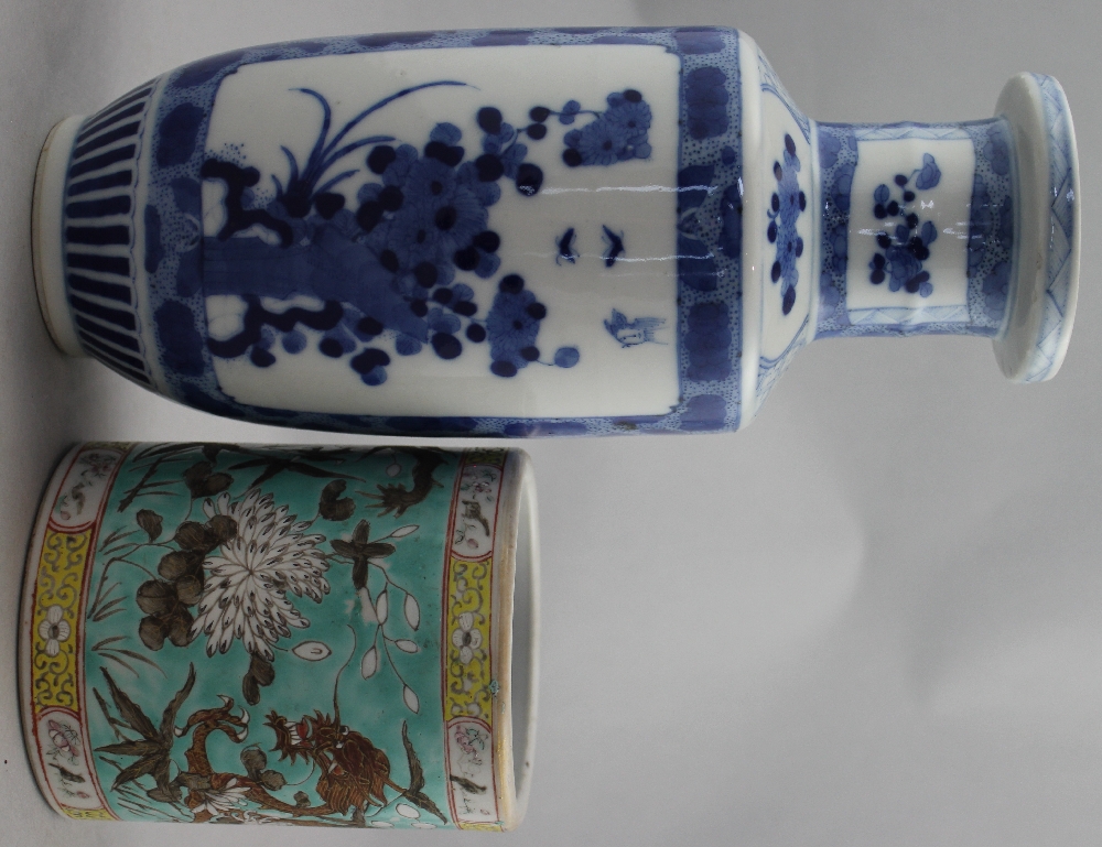 A Chinese blue and white rouleau vase and an enamelled porcelain brush pot, late 19th / early 20th - Image 2 of 6