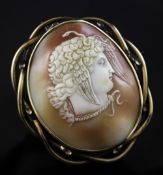 A cased Victorian gold mounted cameo brooch, carved with the head of Medusa to sinister, 3in.