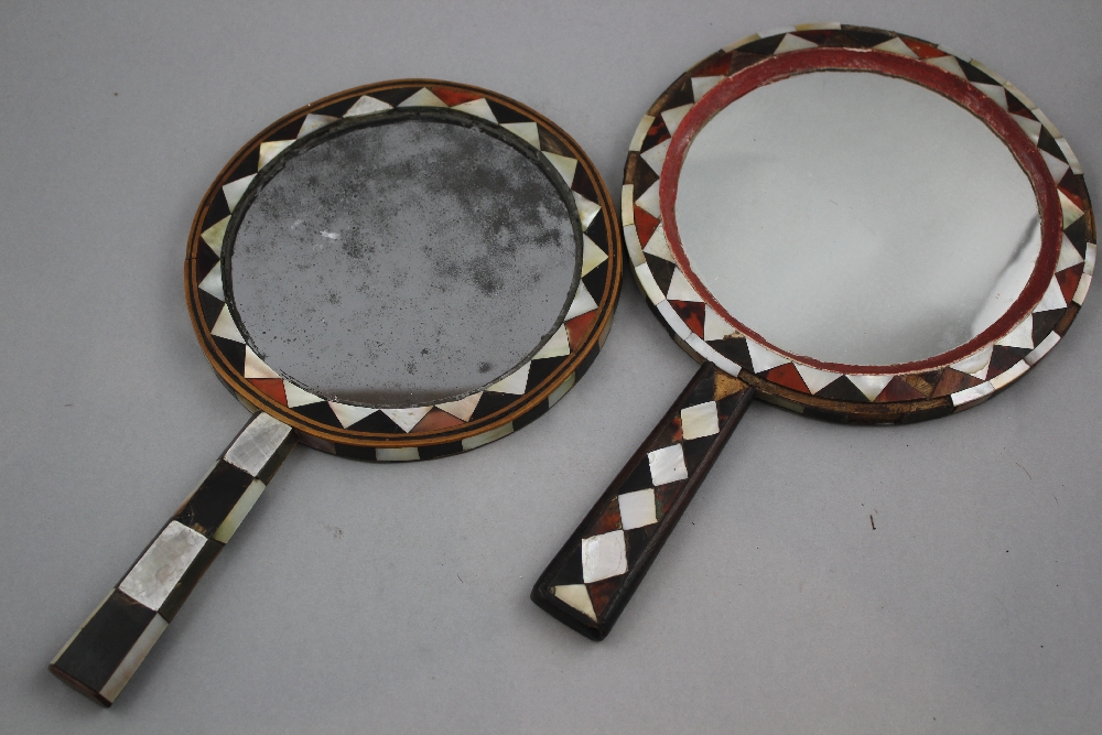 Two 19th century Ottoman circular hand mirrors, each with geometric mother of pearl, tortoiseshell - Image 3 of 4