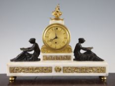 A 19th century English bronze and ormolu mounted white marble mantel timepiece, of architectural