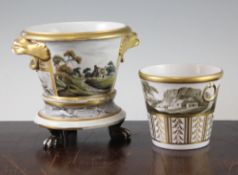Two Coalport cache pots and a stand, c.1800-10, the larger example with stand with gilt animal