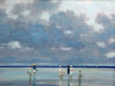 Gibson (20th C.)oil on canvas,Figures on the beach at low tide,signed,12 x 16.5in.