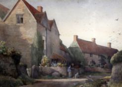 David Woodlock (1842-1929)watercolour,Figures beside cottages,11.5 x 17in.