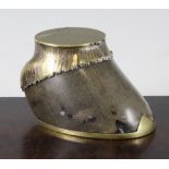 A late Victorian horse hoof table vesta, by Roland Ward, with brass mounts, probably once silver