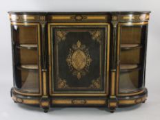 A Victorian ebonised and satinwood banded credenza, with paterae and anthemion inlays, with