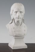 A Sevres biscuit porcelain bust of General Napoleon Bonaparte, post 1941, on a square socle,