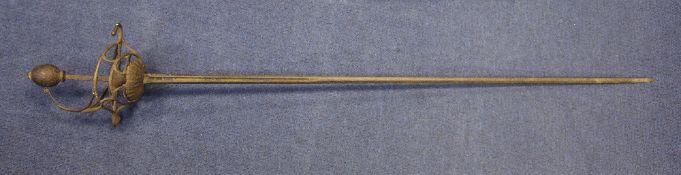 An English 17th century basket hilt rapier, with shell shape guards and scrolled quillons, overall