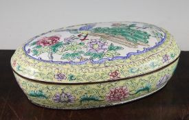 A Chinese enamel Canton enamel oval box and cover, late 19th / early 20th century, the cover painted