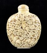 A rare Chinese ivory 'five bats' snuff bottle, 1800-1900, carved in high relief to each side with