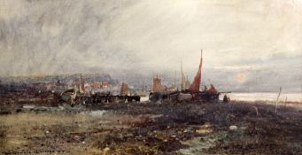 Oswald Garside (1879-1942)watercolour,Beached fishing boats,signed and dated '05,9 x 18in.