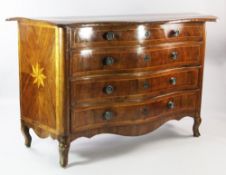 An 18th century Maltese olive wood and fruitwood serpentine commode, with four long graduated