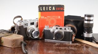 A Leica III camera, with Leitz Elmar 50mm F3.5 lens, together with a Leitz Elmar 90mm 1.4 lens,