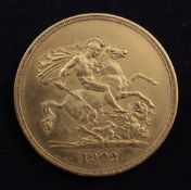 An Edward VII 1902 gold five pounds, near EF