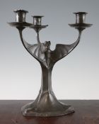 Hugo Levin. A Kayserzinn pewter three branch 'bat' candelabra, each branch modelled as a bat wing