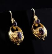 A pair of Victorian style gold and garnet set double link drop earrings, with cannetile work