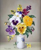 James Noble (1919-1989)oil on board,'Pansies and Wallflowers',signed,10 x 8in.