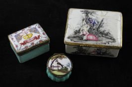 A late 18th century German enamel rectangular snuff box, decorated with figures and landscape views,