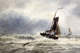 Thomas Bush Hardy (1842-1897)watercolour,Boats returning ....,signed and dated 1895,13 x 19in.
