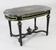A 19th century Louis XVI style ebonised and ormolu mounted centre table, with projecting D ends, the