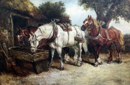 Harden Sidney Melville (fl.1837-1881)oil on canvas,Plough horses watering at a trough,signed,20 x