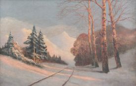 Mikhail M. Germachev (1867-1930)oil on canvas,Sunset over a winter landscape,unsigned,16 x 24in.