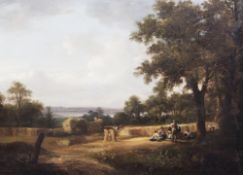Attributed to William Frederick Witherington (1785-1865)oil on canvas,Landscape with harvesters at