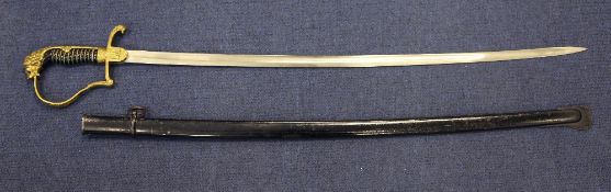 A Third Reich army officer's sword, the fullered blade marked for WKC with a lion head pommel and