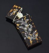 A Victorian tortoiseshell and mother of pearl inlaid etui, with space for various implements,