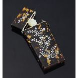 A Victorian tortoiseshell and mother of pearl inlaid etui, with space for various implements,