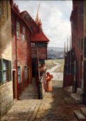 Valentine Teasland (c.1900)oil on canvas,Figures in a Cornish back street,signed,13 x 9.5in.