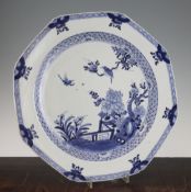 A Chinese export blue and white octagonal dish, Qianlong period, painted to the centre with birds