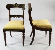 A set of six William IV inlaid rosewood dining chairs, with shaped crest rails and spar backs,