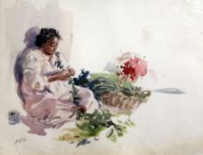 Charles Sarka (American, 1879-1960)watercolour,Tahitian woman making a floral garland,signed,12.5