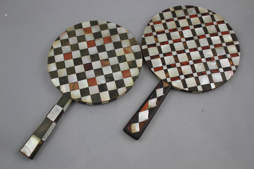 Two 19th century Ottoman circular hand mirrors, each with geometric mother of pearl, tortoiseshell - Image 4 of 4