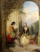 Samuel Baldwin (fl.1843-1858)oil on canvas,Medieval lovers beside an archway, a landscape beyond,