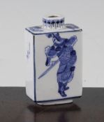 A Chinese blue and white inscribed rectangular snuff bottle, Qianlong mark, 1830-1900, with