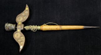 An unusual 19th century lark lure or mirror, with carved and painted bird head finial and wing