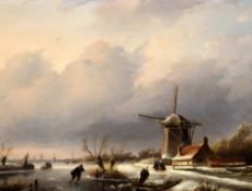 Attributed to Jacob Jan Conrad Spohler (1837-1923)oil on wooden panel,Dutch winter landscape with