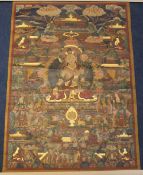 A Tibetan thangka of White Tara, 20th century, painted on canvas, the central figure in a mythical
