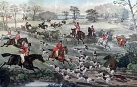 After Charles Huntset of 4 coloured aquatints,Hunting scenes, plates 1 - 4; The Meet, Breaking