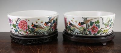 A pair of Chinese famille rose circular narcissus bowls, Qianlong marks, Republic period, each