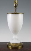 A brass mounted white opaline glass goblet shape table lamp, 15in.