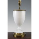 A brass mounted white opaline glass goblet shape table lamp, 15in.