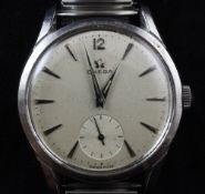 A gentleman's early 1950's stainless steel Omega manual wind wrist watch, with baton numerals,