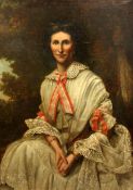 Victorian Schooloil on canvas,Portrait of a lady wearing a lace trimmed white dress,40 x 30in.
