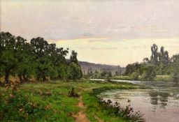 Léon Joubert (1851-1928)oil on canvas,River landscape with figures on the bank,signed,15 x 21.75in.