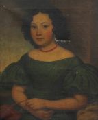 English School c.1850oil on canvas,Portrait of a young lady wearing a green dress and a coral