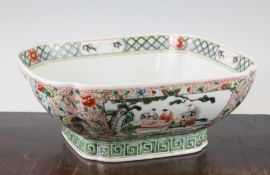 A Chinese famille verte square footed bowl, late 19th / early 20th century, the exterior painted