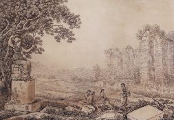 Early 19th century English Schoolink and wash,Figures beside classical ruins,14.5 x 20.25in.