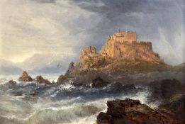 Frederick Tully Lott (fl.1852-1879)oil on wooden panel,Mont Orgueil Castle, Jerseysigned and